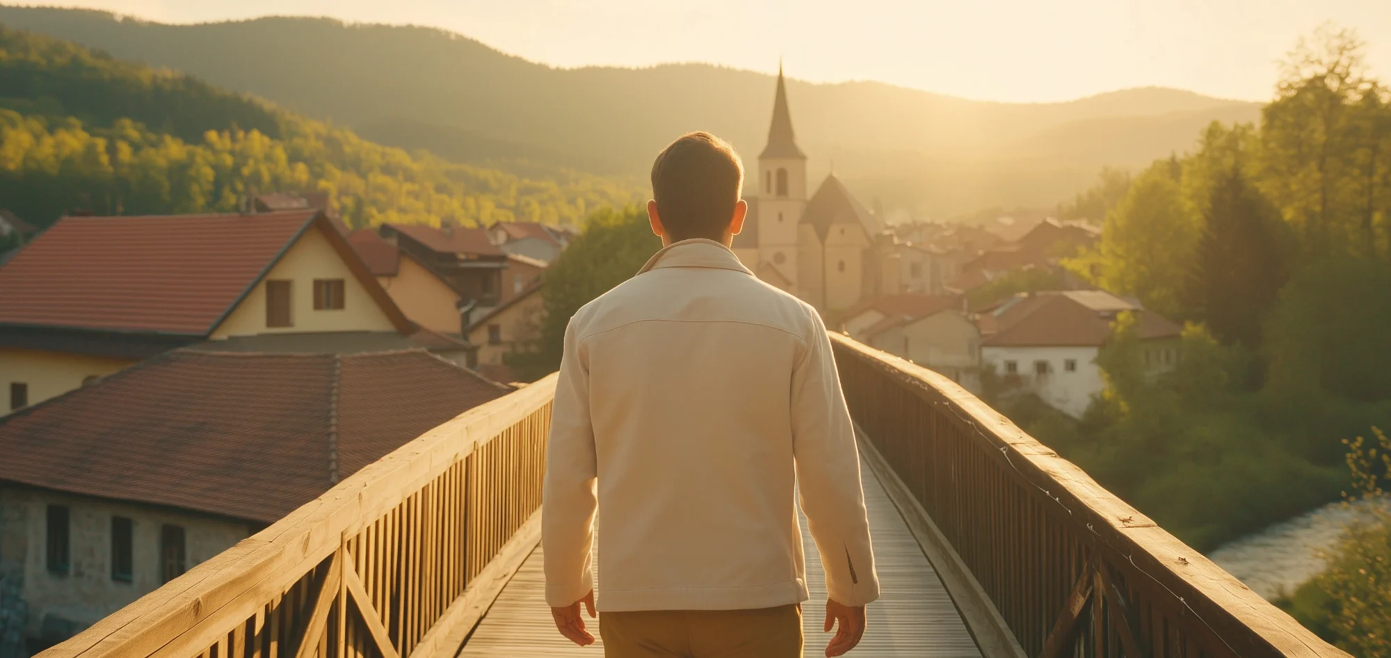 A symbolic morning scene showing a man in a white jacket walking confidently across a bridge connecting two cultures — Germany and Serbia. On one side, an idyllic German village with alpine houses and forested hills; on the other, a Serbian village with red rooftops and an Orthodox church. A hopeful, peaceful atmosphere captured in warm sunrise light. Man in a white jacket walking across a symbolic bridge between a German alpine village and a Serbian town with an Orthodox church.